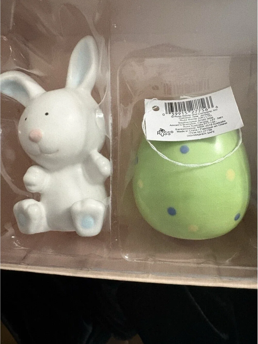 Vintage Russ Berrie Easter Bunny and egg salt and pepper shakers stoneware NIB